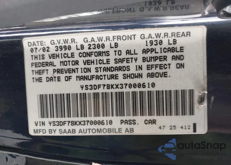 2003 Saab 9-3 Se из США, поврежденный, VIN YS3DF78KX37000610